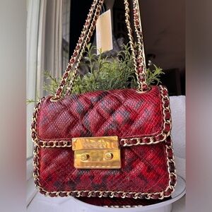 Michael Kors Carine Medium Quilted Red Snake Print Leather Shoulder Bag NWT